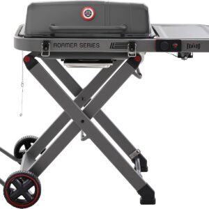 Feasto Portable Propane Gas Grill with Foldable Cart and Side Table, Gray | Portable Propane Grill with 369 Sq. In. Cooking Area & All-terrain Wheels for Camping, Tailgating & Small Outdoor Spaces