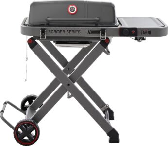 Feasto Portable Propane Gas Grill with Foldable Cart and Side Table, Gray | Portable Propane Grill with 369 Sq. In. Cooking Area & All-terrain Wheels for Camping, Tailgating & Small Outdoor Spaces